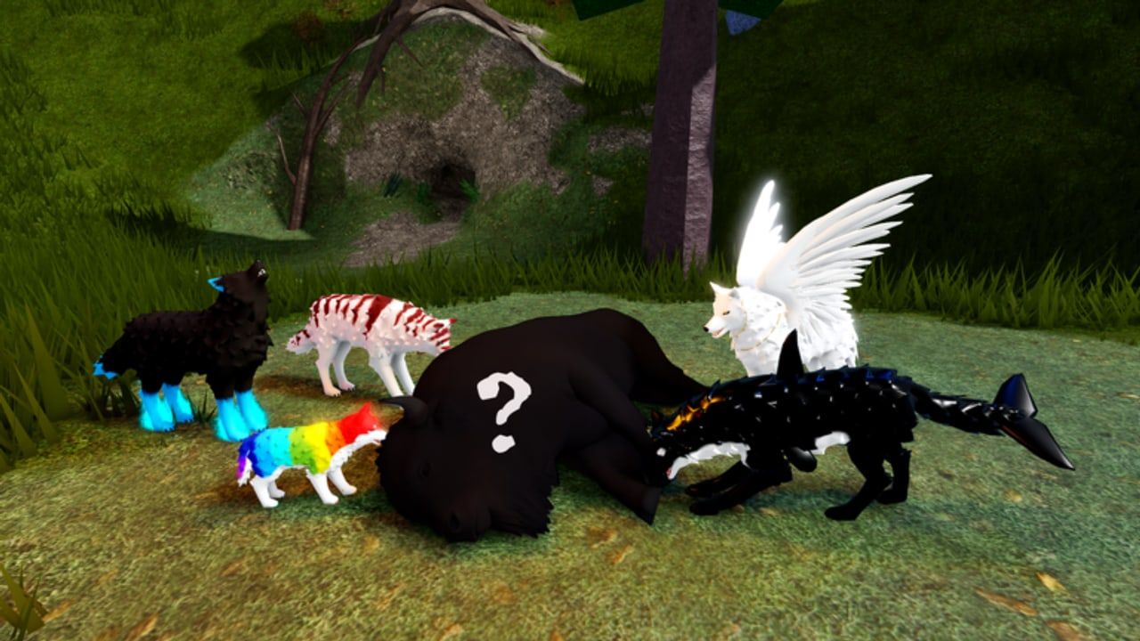 Forgotten Worlds wolves and unique morphs gathered around a carcass in a grassy clearing